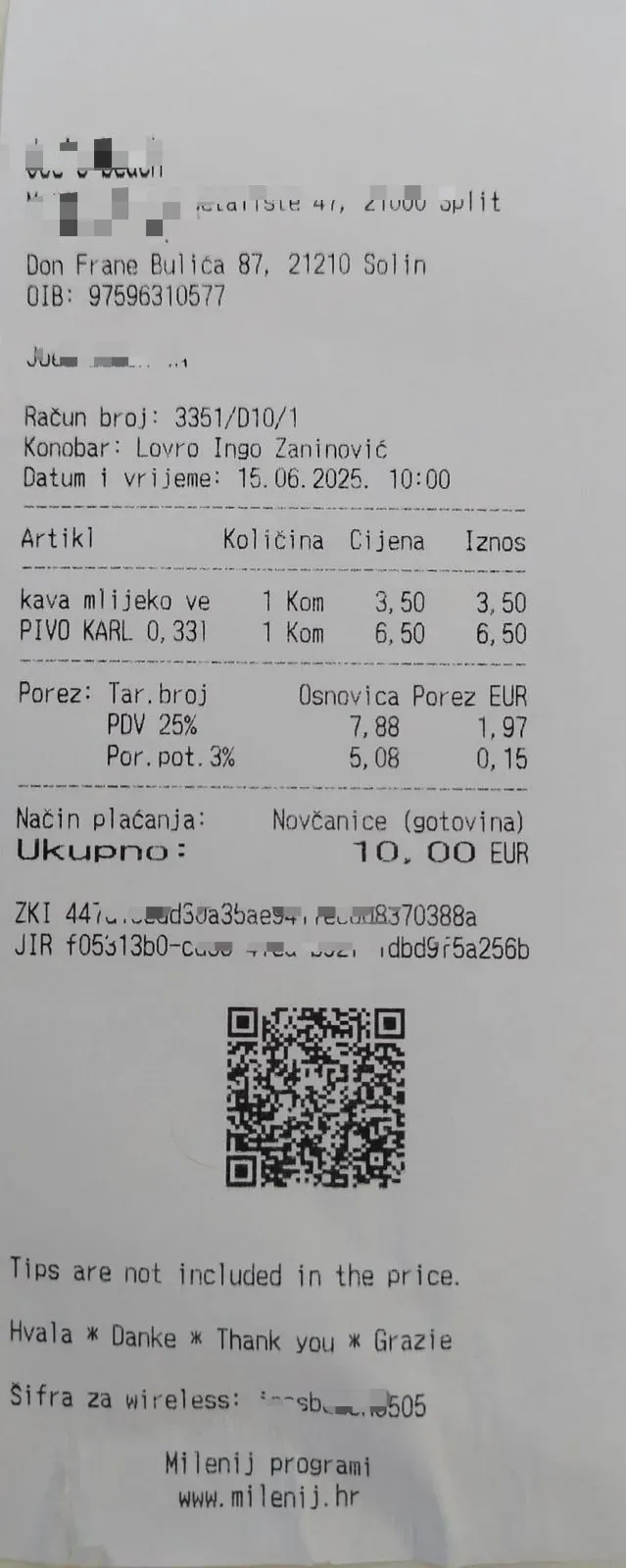 A fiscalized receipt from Croatia for DDD invoices