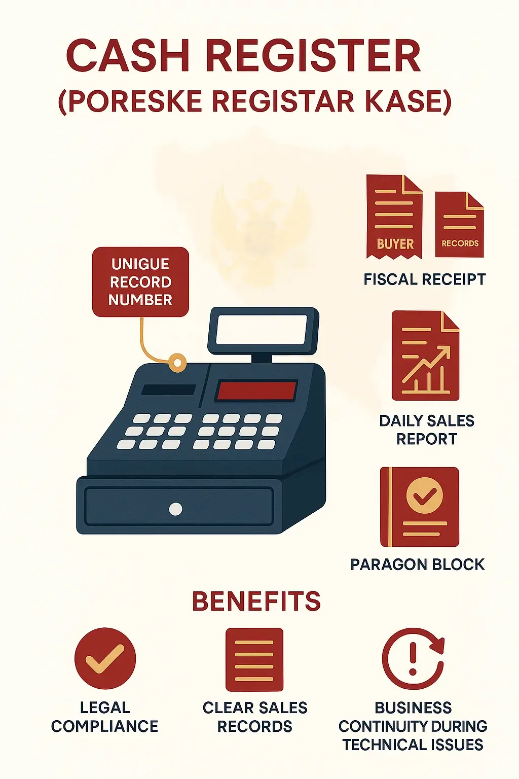 Visual infographic showing how Montenegro’s electronic cash register system works, with seamless fiscalization and compliance powered by DDD Invoices