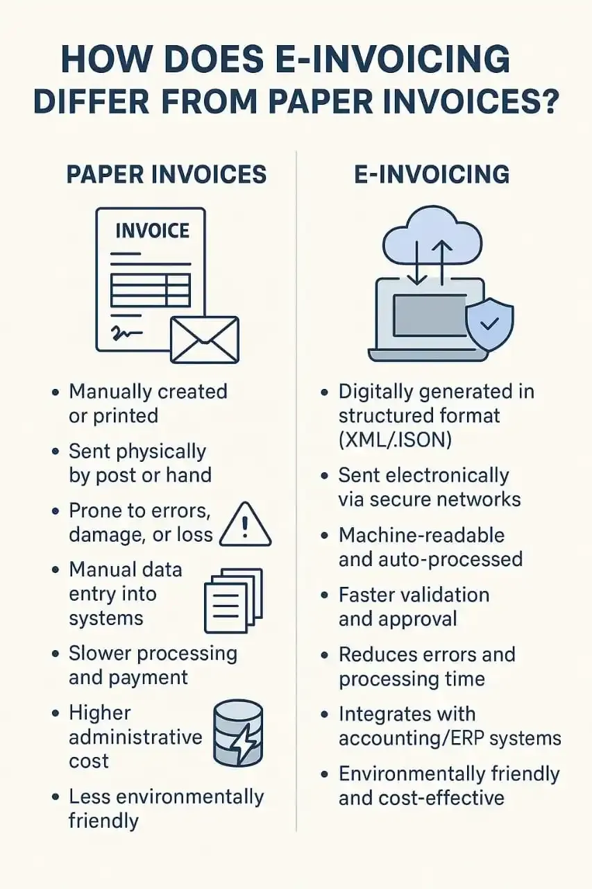 Diagram showing the difference between paper invoices and e-invoicing by DDD Invoices