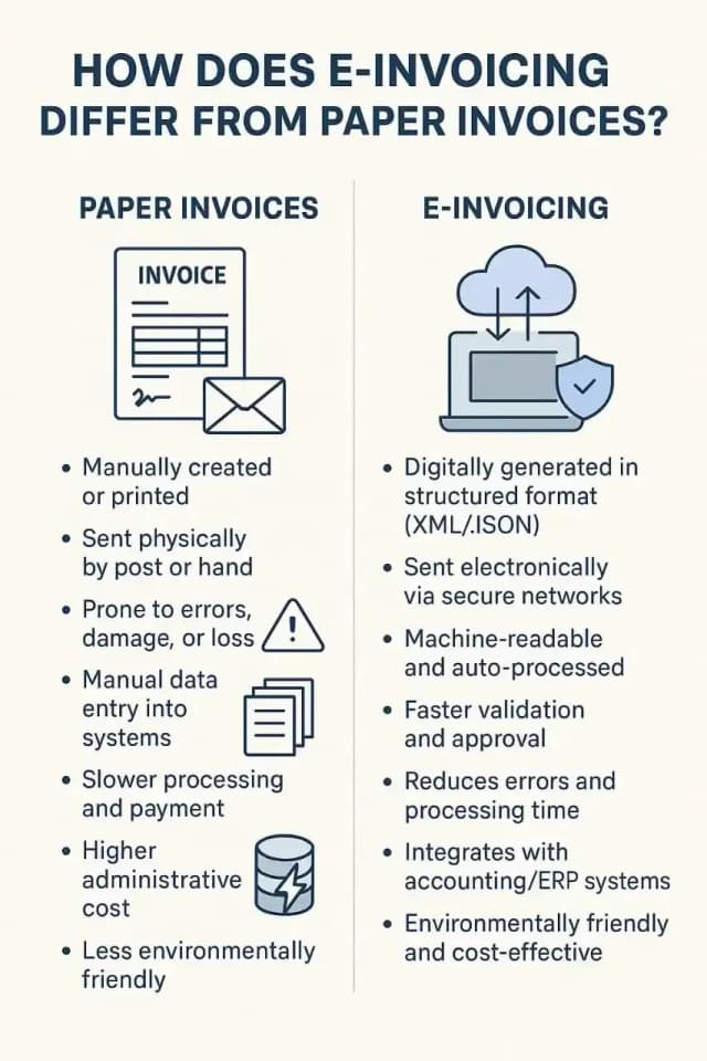 Diagram showing the difference between paper invoices and e-invoicing by DDD Invoices
