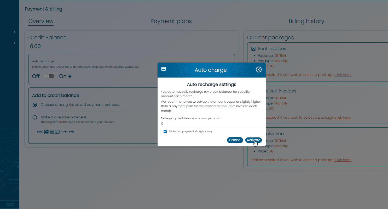 Activate the payment plans DDD Invoices e-invoices