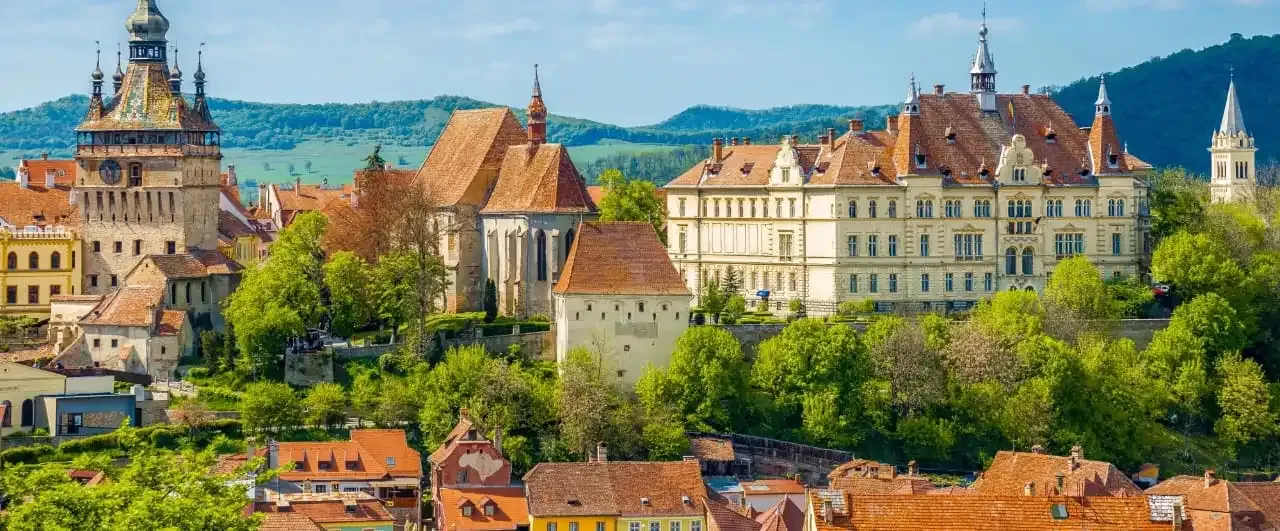 Beautiful view of historic buildings in Romania- DDD invoices