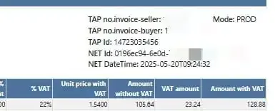 This image represents a picture showing an electronic invoice with transaction details and a VAT calculation table by DDD invoices