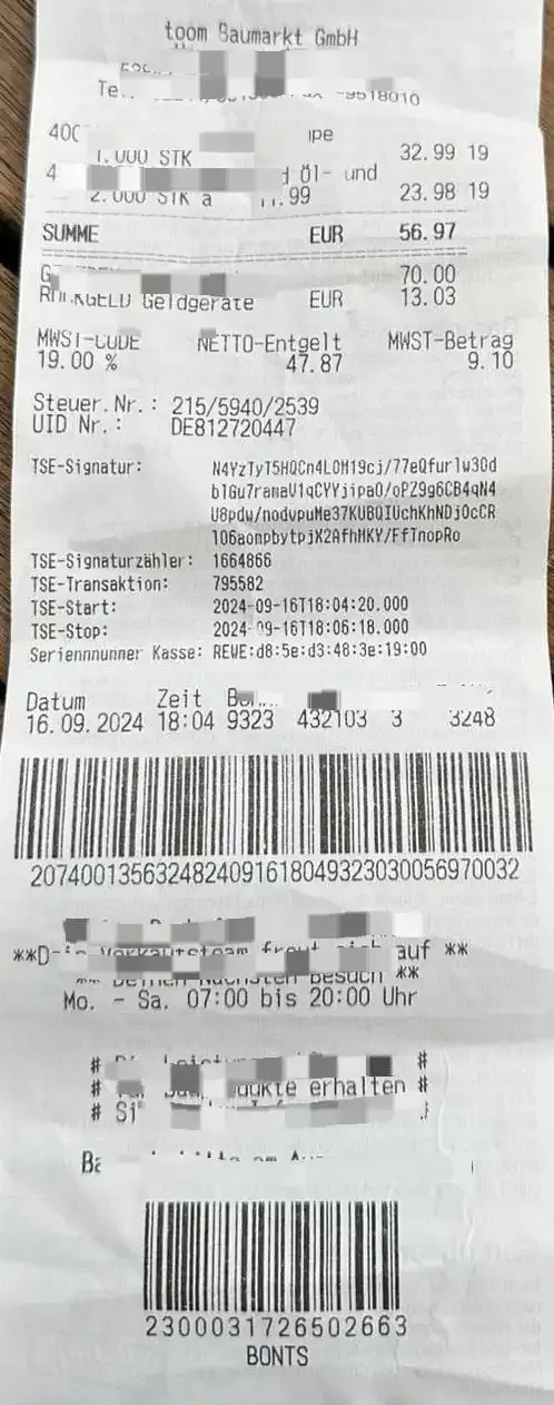 A fiscalized receipt from Germany for DDD Invoices