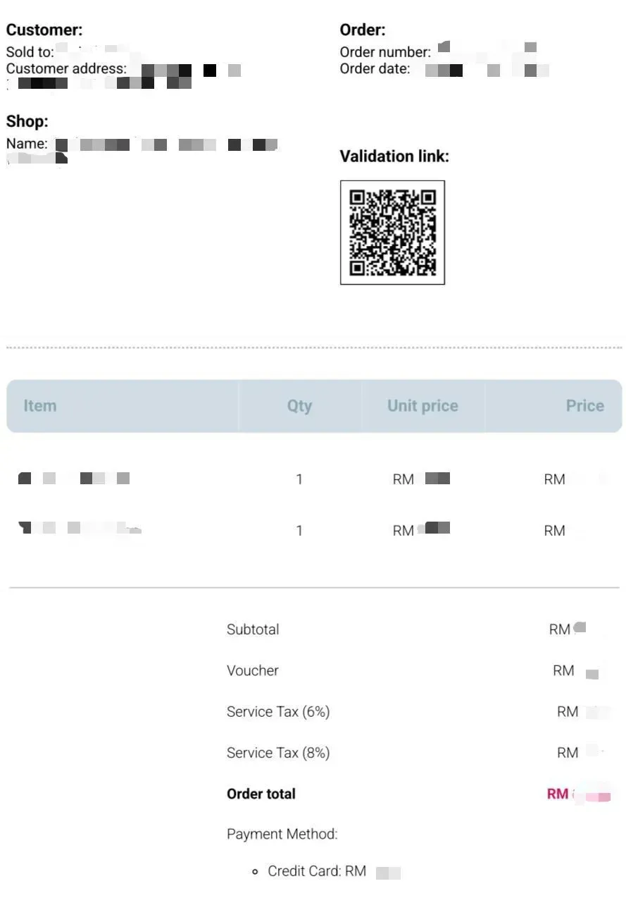 DDD Invoices supporting e-invoicing in Malaysia, showing a digital receipt with order details, total amount in RM, and a QR code for validation.