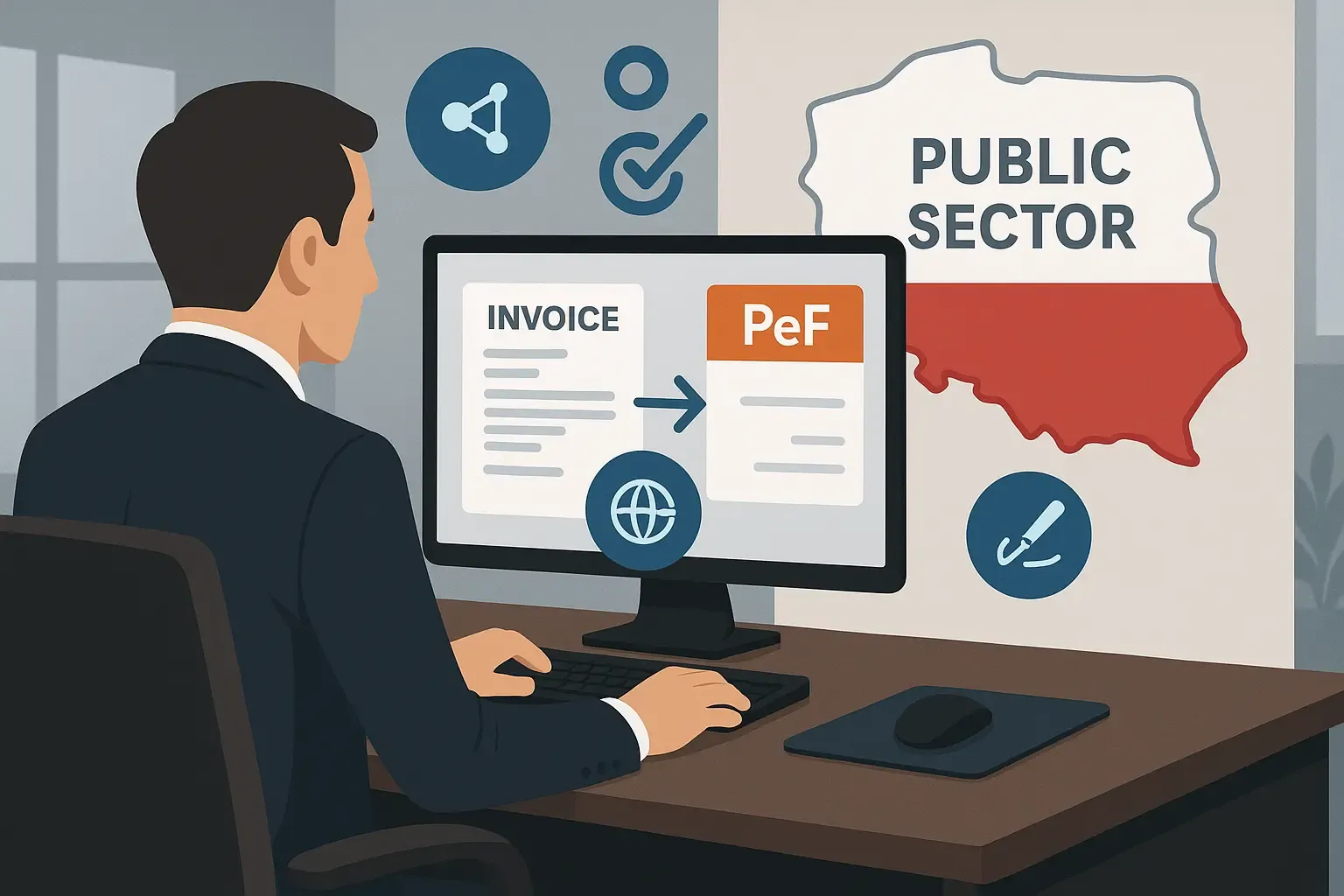 An electronic invoice being sent from a business computer to a Polish government building through the PeF platform, connected by the Peppol network by DDD Invoices.