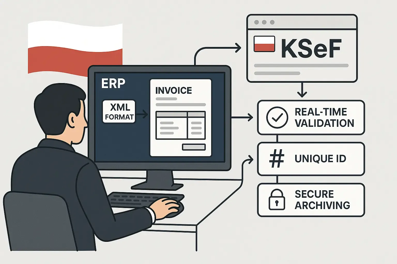 Business sending invoices through a computer to Poland’s KSeF e-invoicing by DDD Invoices
