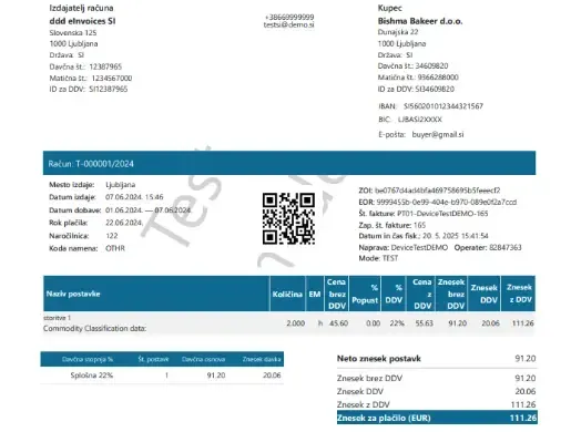 A fiscalized sample receipt image of Slovenia by DDD invoices