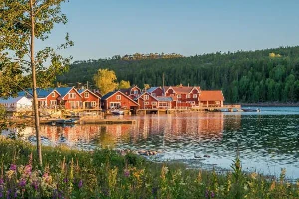 DDD Invoices supporting e-invoicing in Sweden, featuring lakeside red wooden houses, calm water, and a scenic forest landscape.