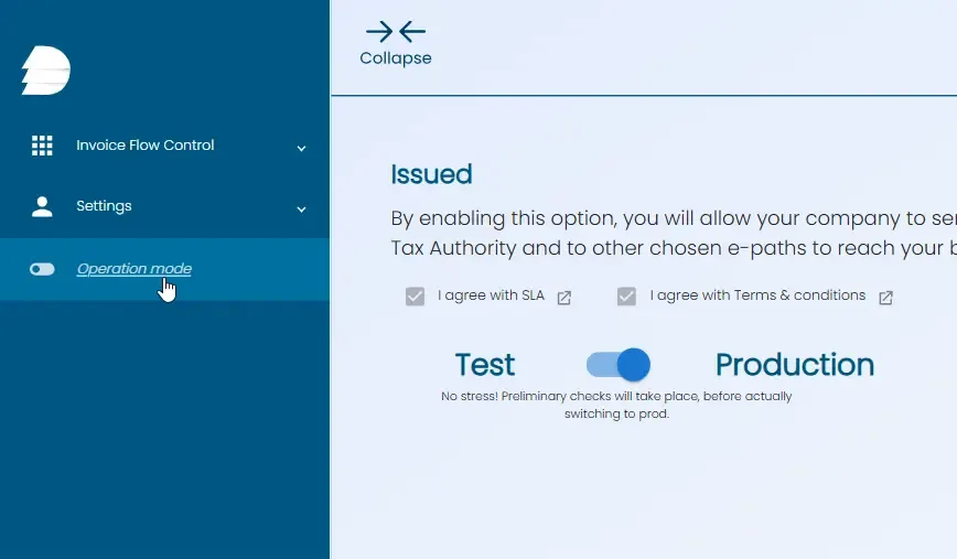 Image showing switching to production for DDD Invoices e-invoicing