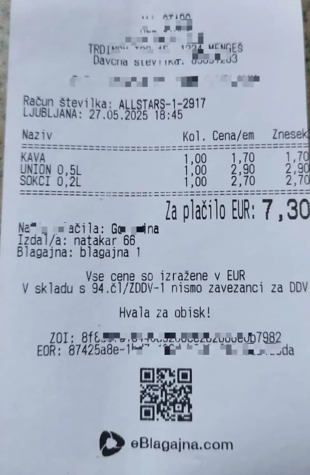 A Fiscalized receipt from slovenia for DDD invoices
