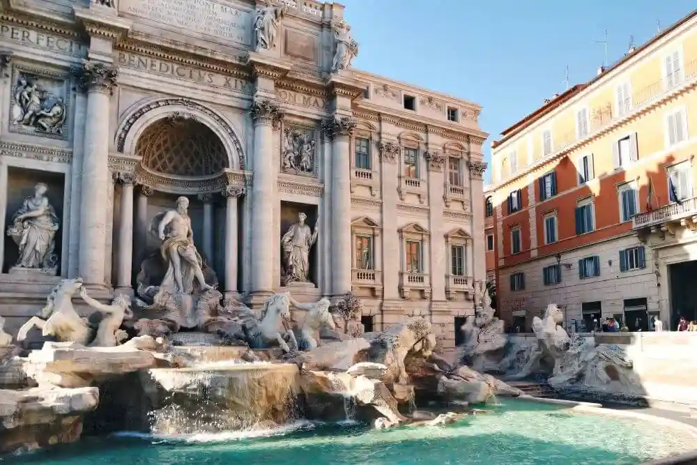 A scenic view of Trevi Fountain in Rome, Italy.